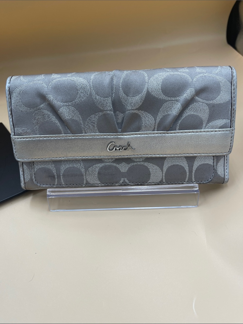 Coach Silver Signature Continental Wallet Canvas and Leather Silver Hardware